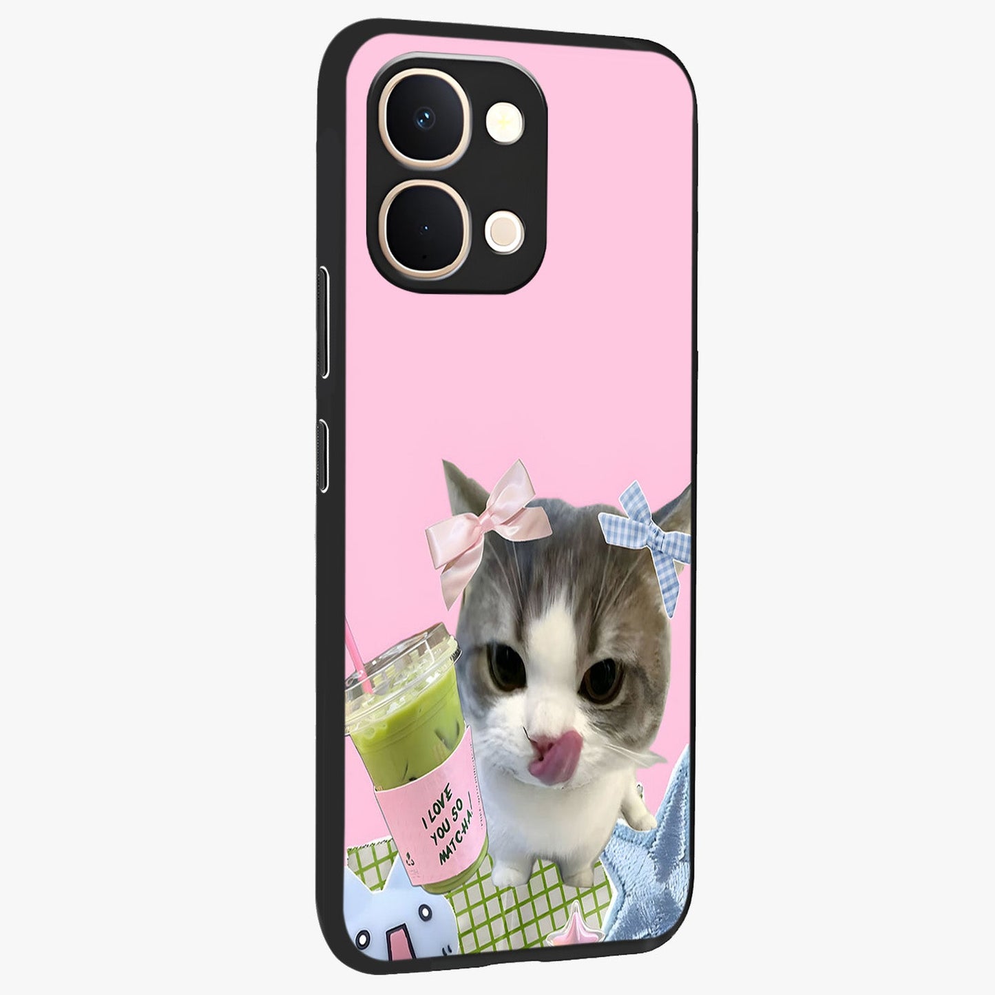 Love Matcha Cat Glass Case upright view showcasing adorable cat artwork with charming matcha themed design.