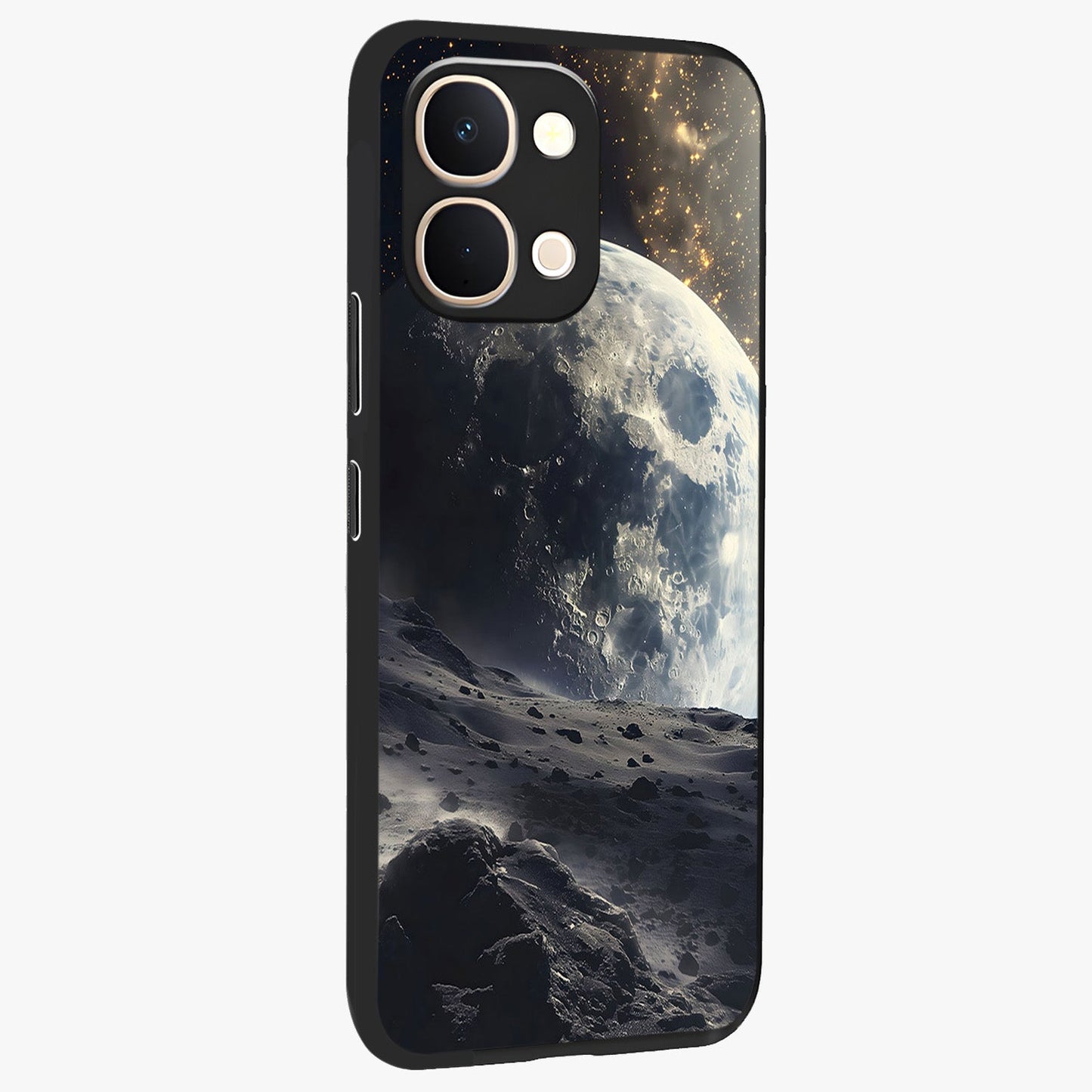 Lunar Horizon Glow Glass Case upright view showcasing radiant lunar artwork with calm cosmic theme.