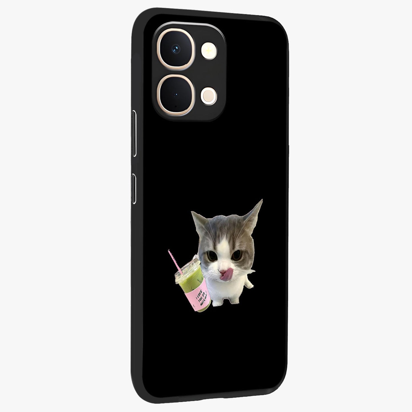 Matcha Cat Style Glass Case upright view showcasing charming cat artwork with cozy aesthetic theme.
