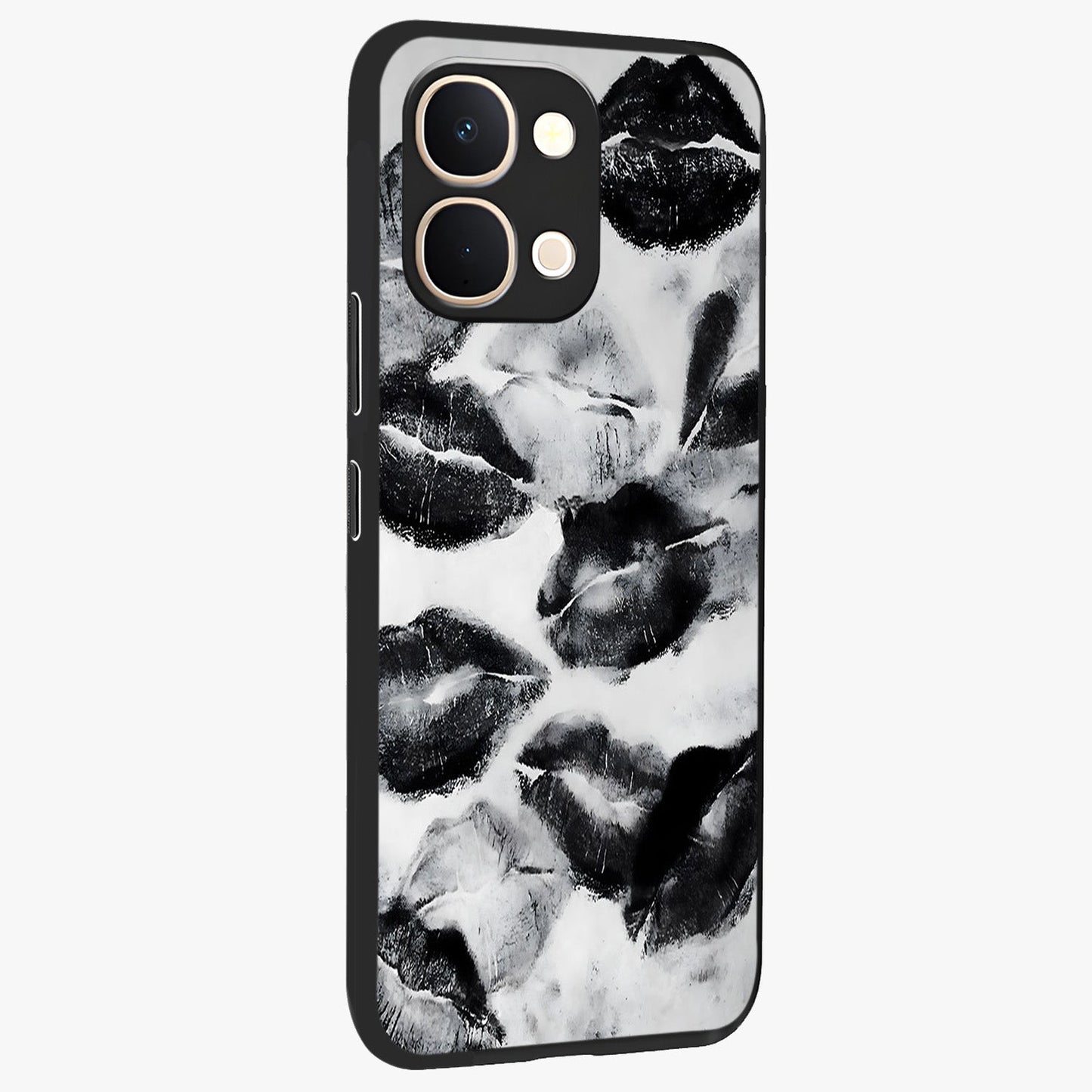 Midnight Kiss Marks Glass Case upright view showcasing stylish kiss mark artwork with trendy romantic theme.