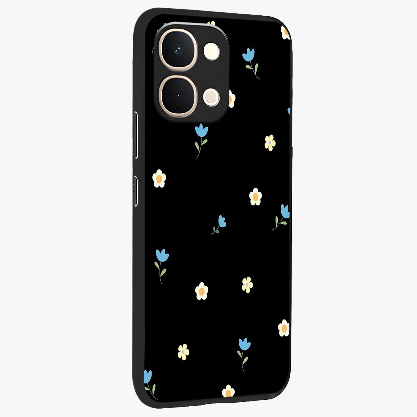 Minimal Petal Whispers Glass Case upright view showcasing elegant floral artwork with modern minimalist style.