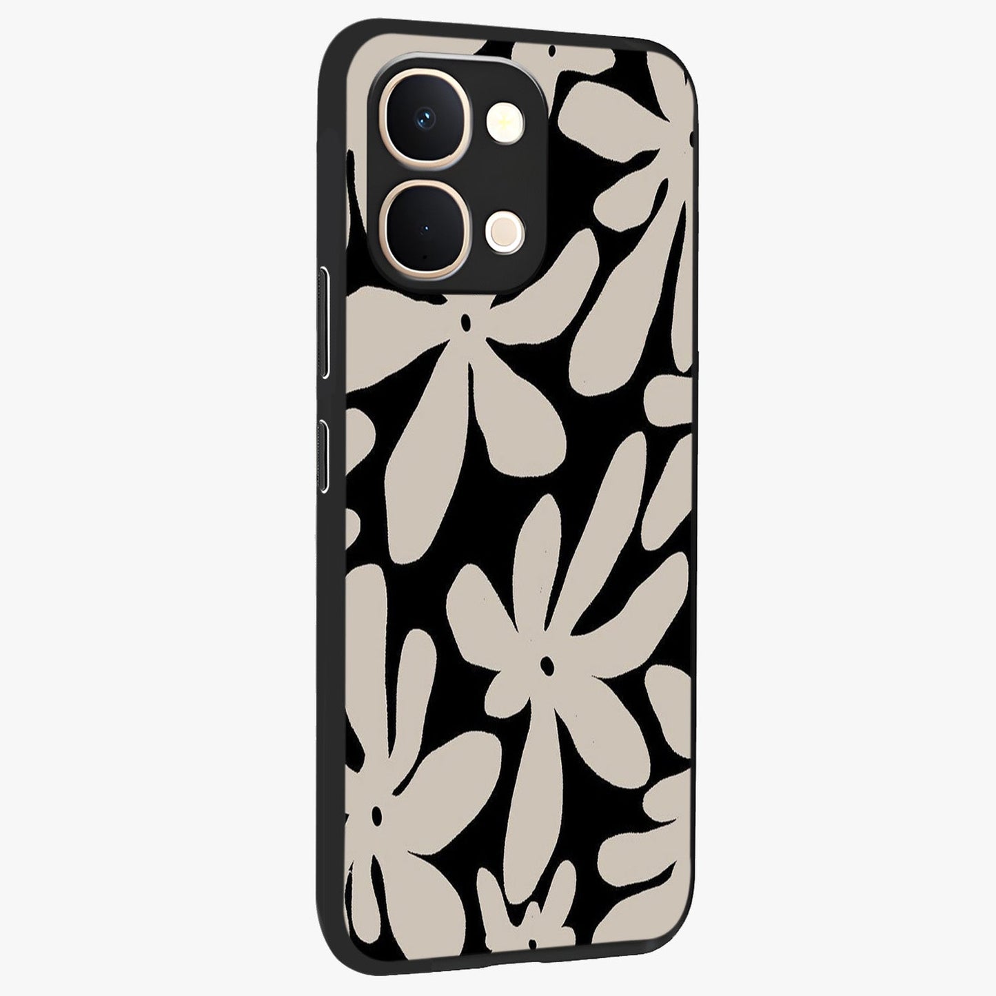 Monochrome Petal Dance Glass Case upright view showcasing artistic floral pattern with stylish monochrome theme.