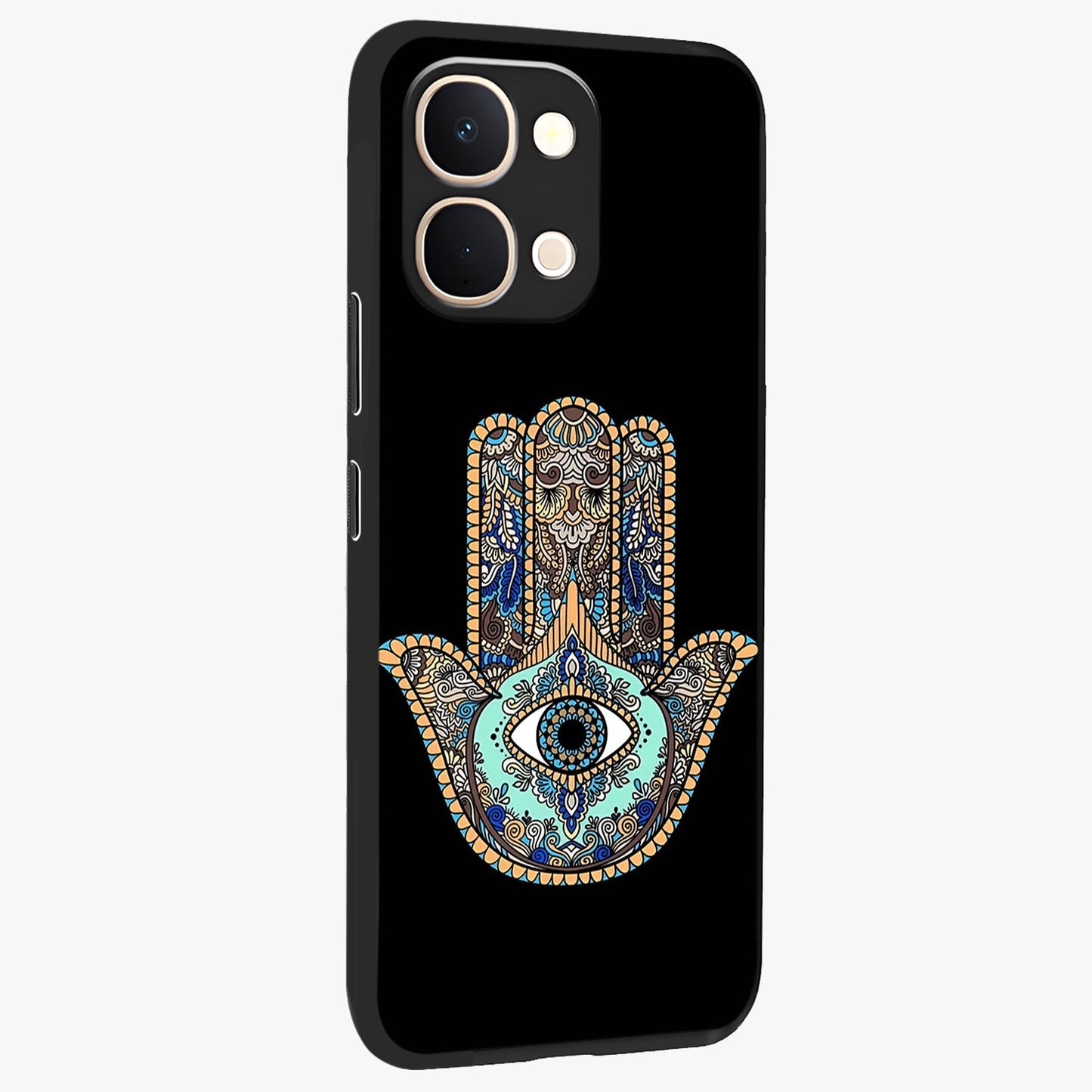 Mystic Hamsa Eye Glass Case upright view showcasing detailed hamsa eye artwork with protective spiritual theme.