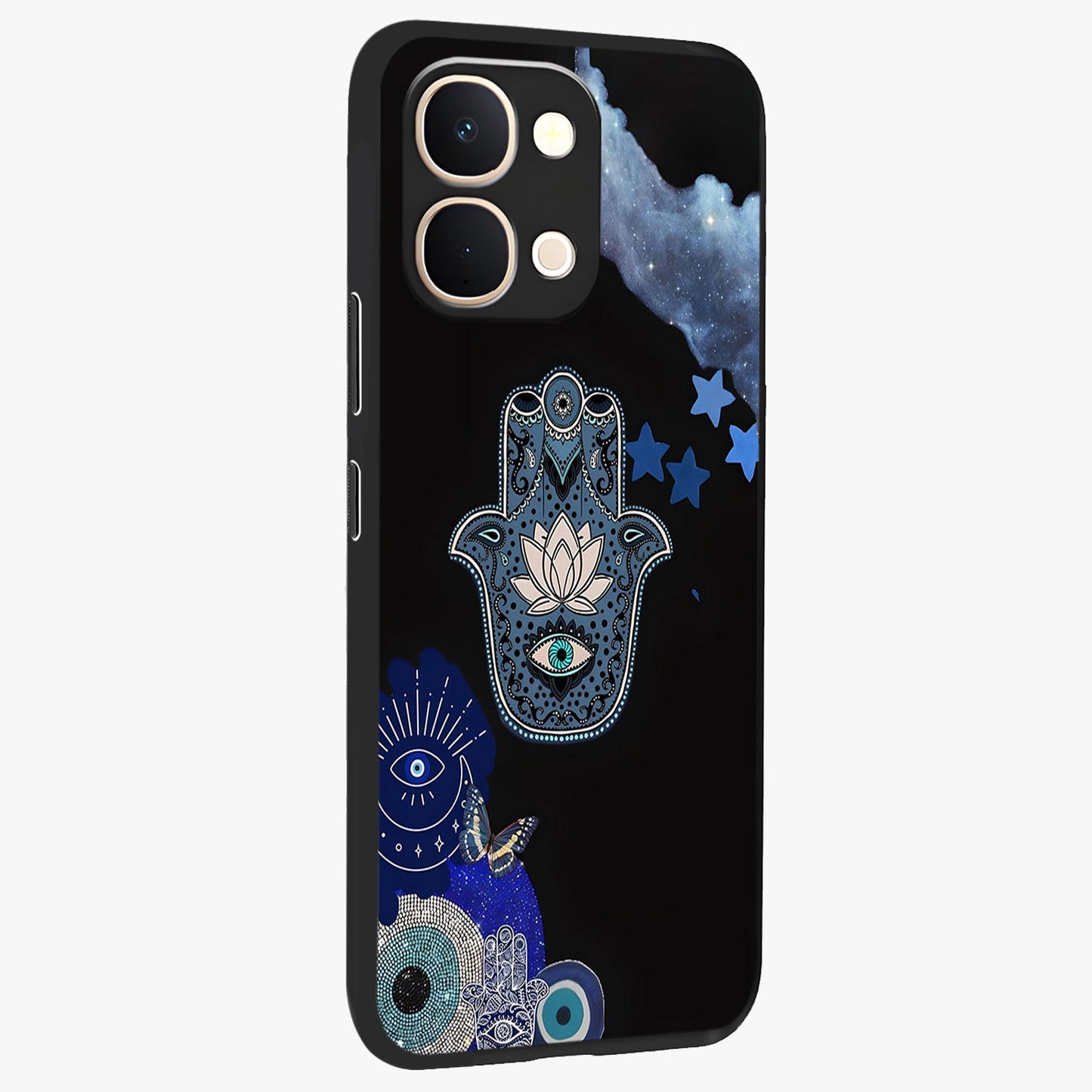 Mystic Hand Aura Glass Case upright view showcasing symbolic hand artwork with mystical energy theme.