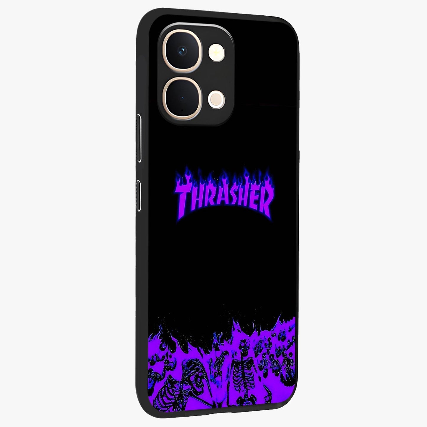 Neon Flame Riot Glass Case upright view showcasing dynamic flame artwork with energetic neon theme.