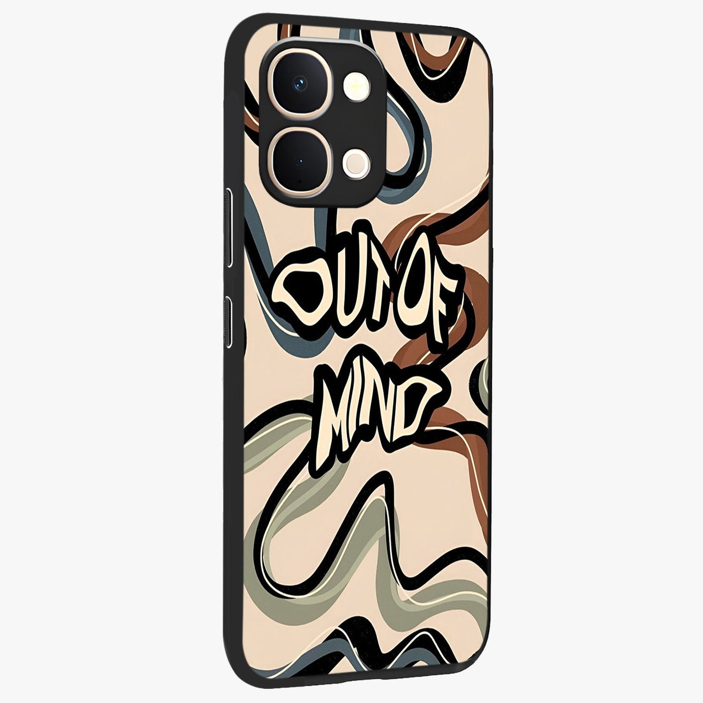 Out Of Mind Glass Case upright view showcasing striking typography artwork with edgy conceptual theme.