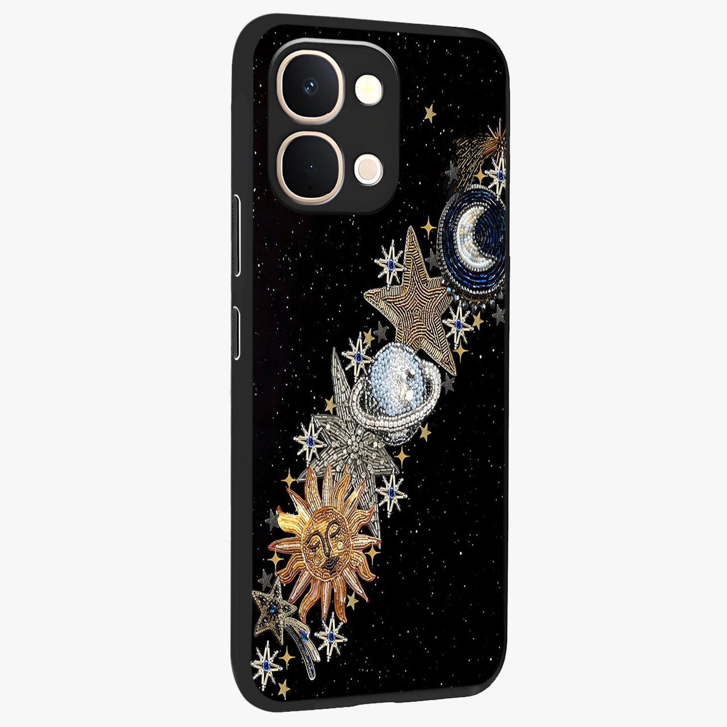 Pearls Universe Object Glass Case upright view showcasing decorative pearl themed artwork with cosmic elegance.
