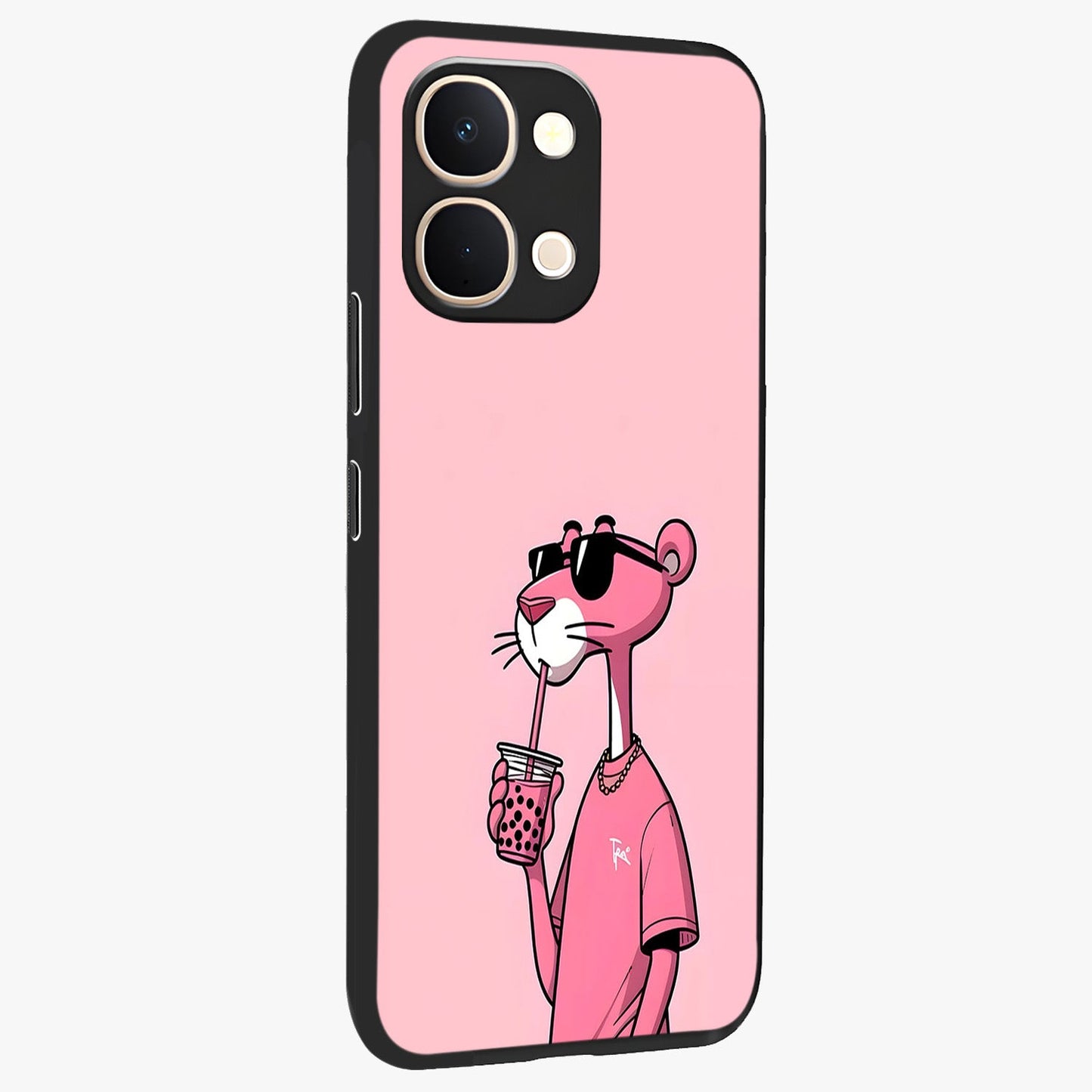 Pink Panther Glass Case upright view showcasing fun animated artwork with stylish retro cartoon theme.