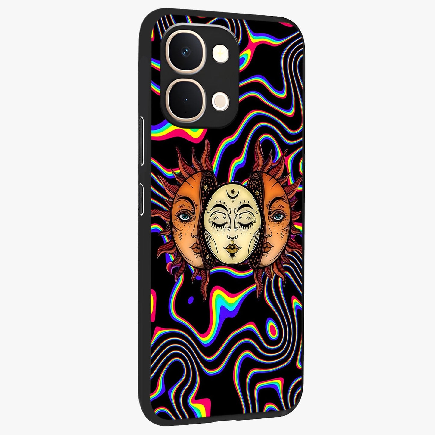 Psychedelic Sun Glass Case upright view showcasing trippy sun artwork with bold psychedelic theme.