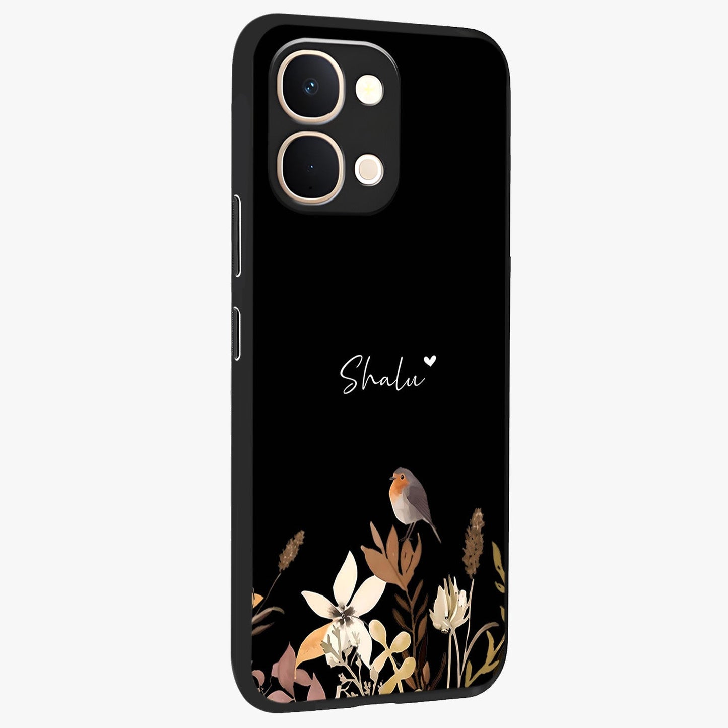 Quiet Garden Tune Custom Name Glass Case upright view showcasing serene botanical artwork with personalized aesthetic.