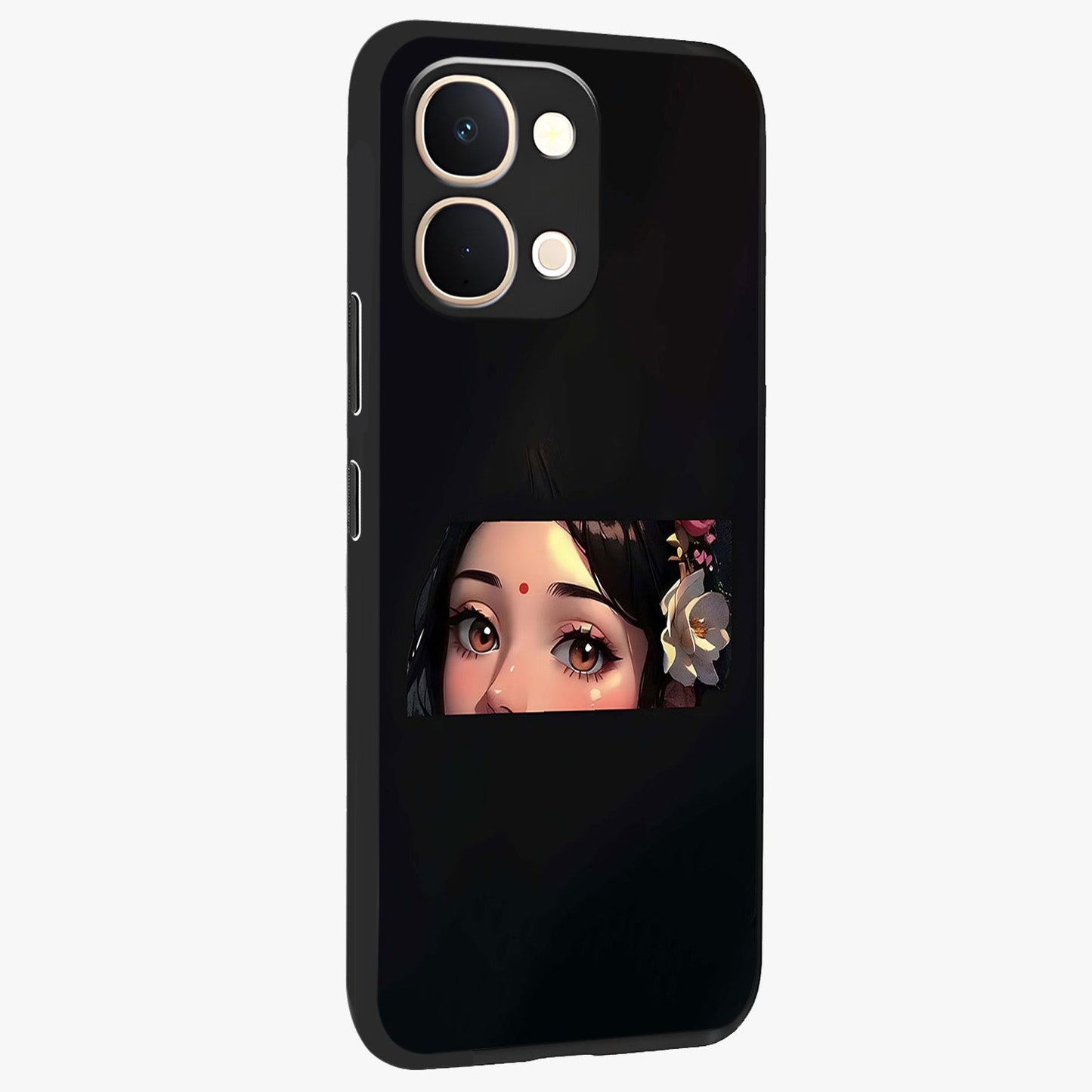 Radha Divine Embrace Glass Case upright view showcasing sacred Radha themed artwork with peaceful devotional style.