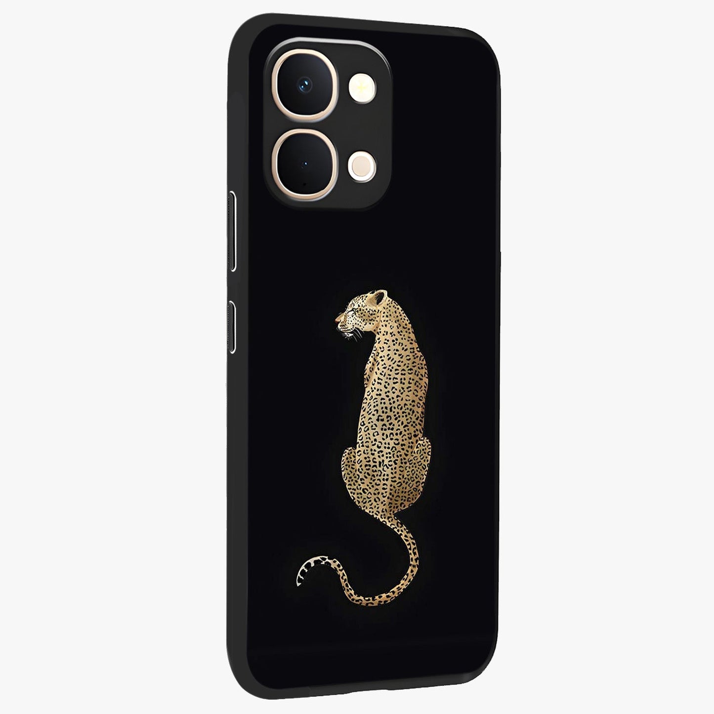 Regal Leopard Glass Case upright view showcasing striking leopard artwork with fierce wildlife theme.