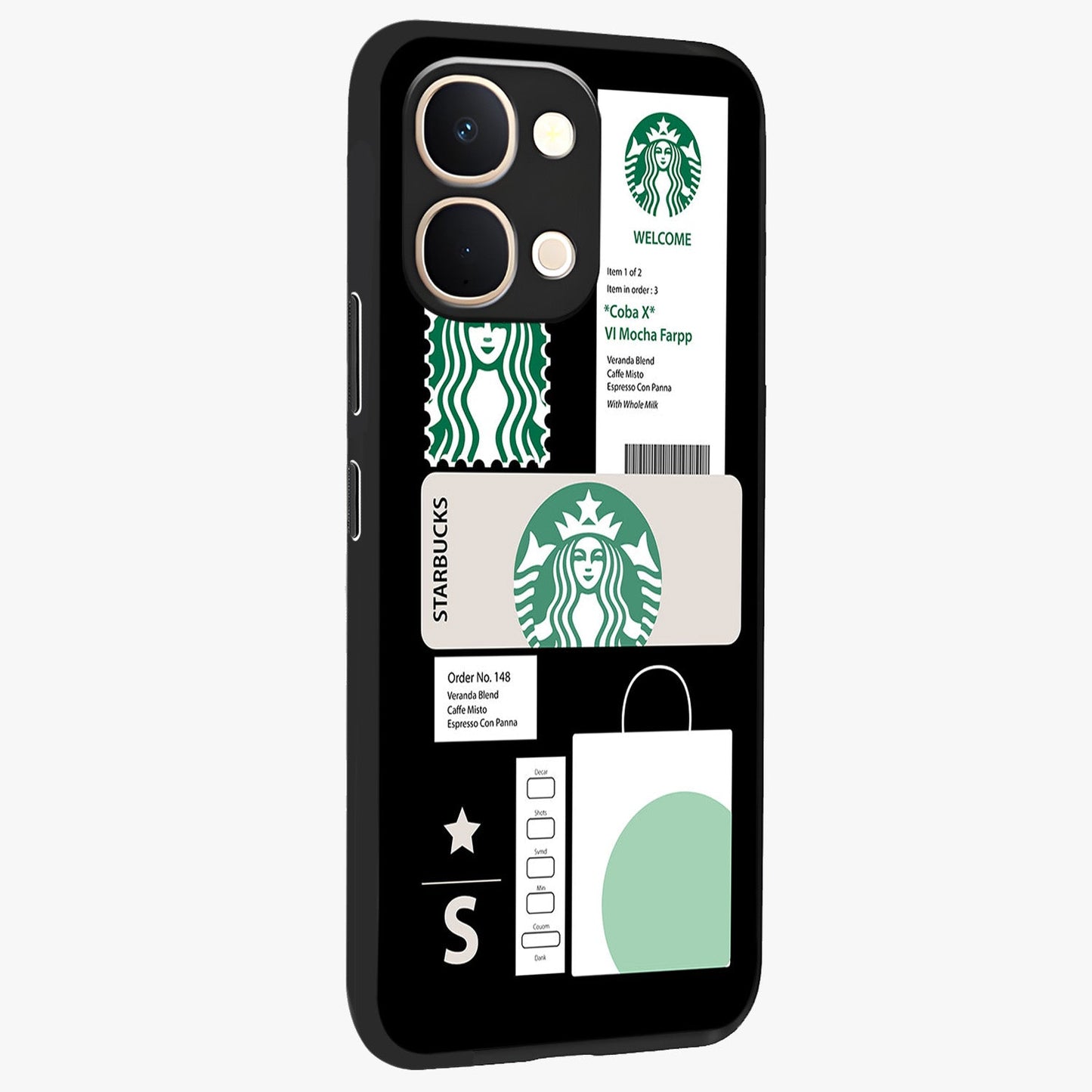 Starbucks Mocha Glass Case upright view showcasing trendy coffee inspired artwork with modern lifestyle theme.