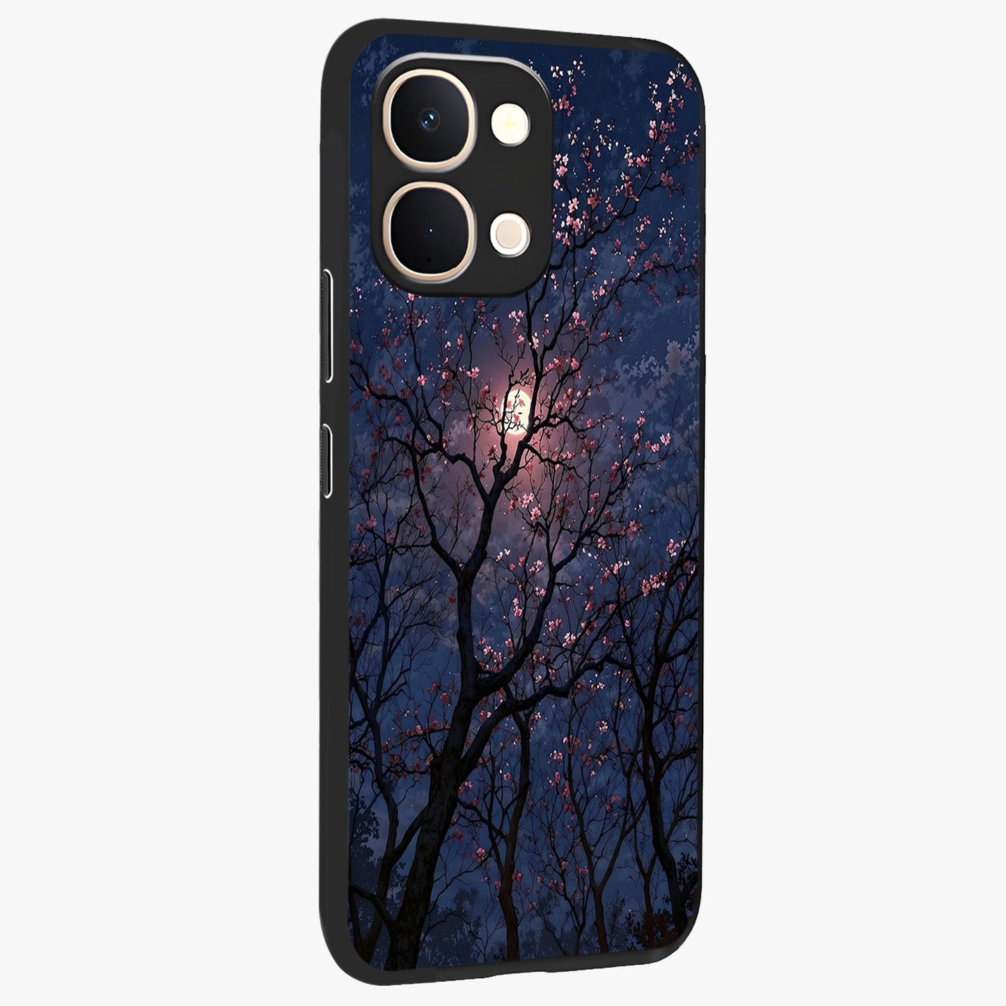 Twilight Sakura Serenade Glass Case upright view showcasing beautiful cherry blossom artwork with serene evening theme.