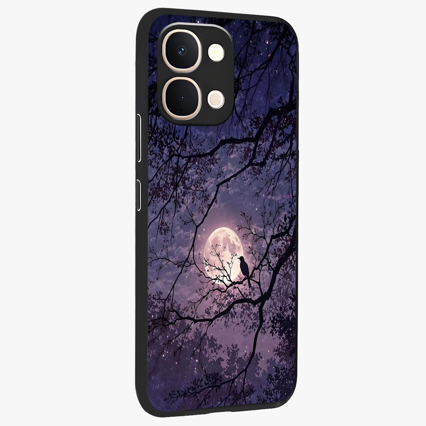 Whispering Moon Silence Glass Case upright view showcasing peaceful moon artwork with tranquil celestial theme.