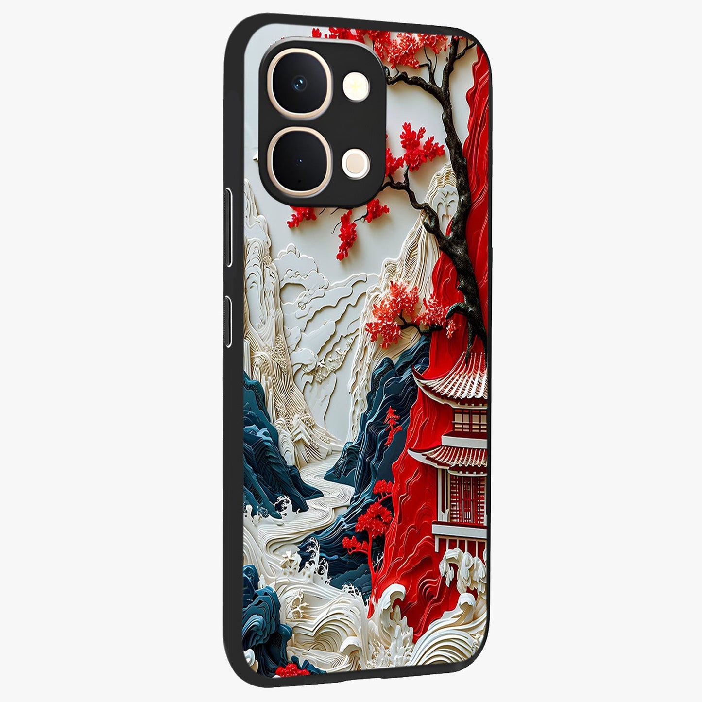 Whispers Of Sakura Waves Glass Case upright view showcasing delicate cherry blossom artwork with elegant nature theme.