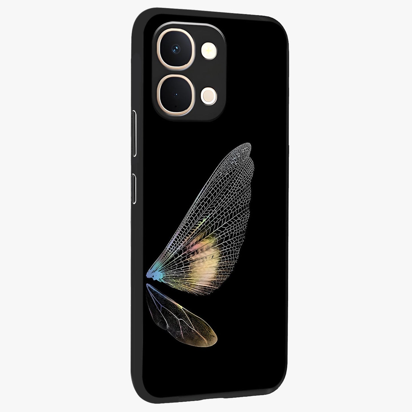Whispers Of Wings Glass Case upright view showcasing elegant wing artwork with light airy theme.