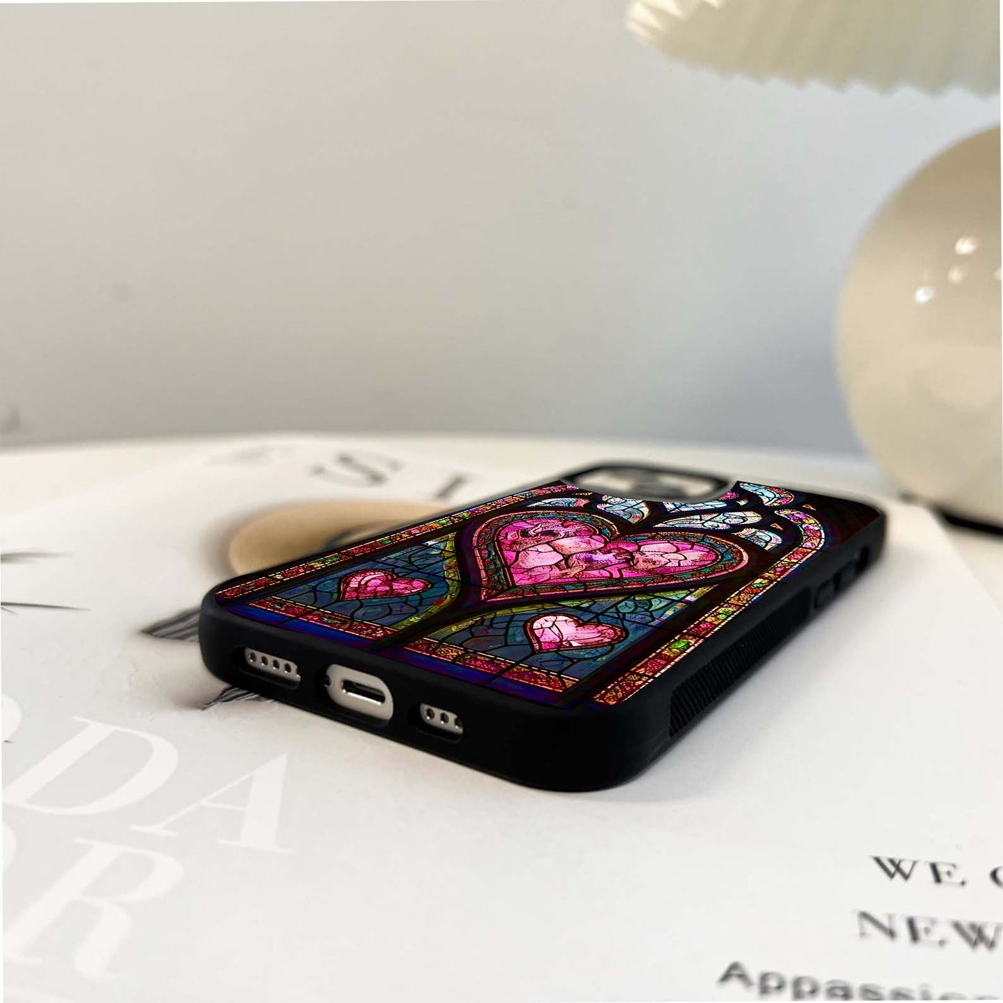 Pink Stained Glass Hearts Glass Case