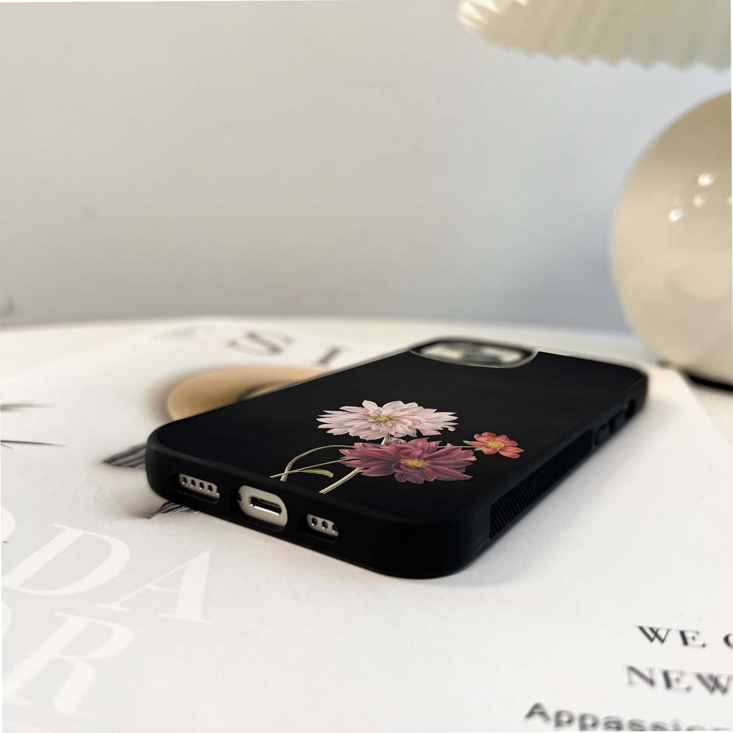 Elegant Flowers on Black Glass Case