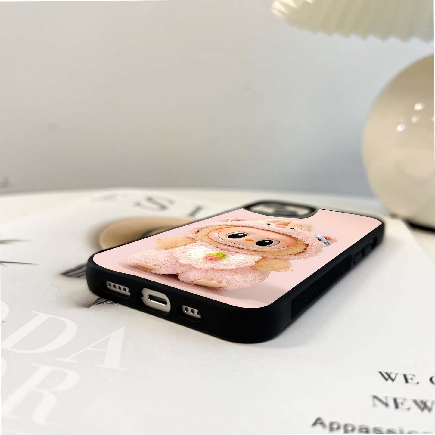 Peach Background Labubu Glass Case