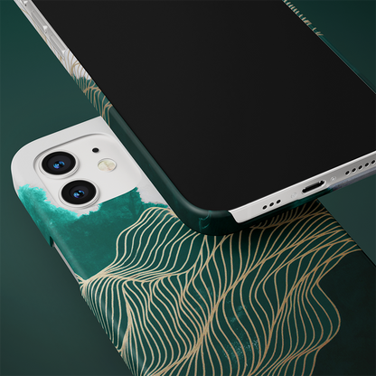 Green With Golden Waves Slim Case Cover With Same Design Holder