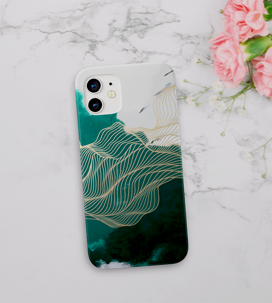 Green With Golden Waves Slim Case Cover With Same Design Holder