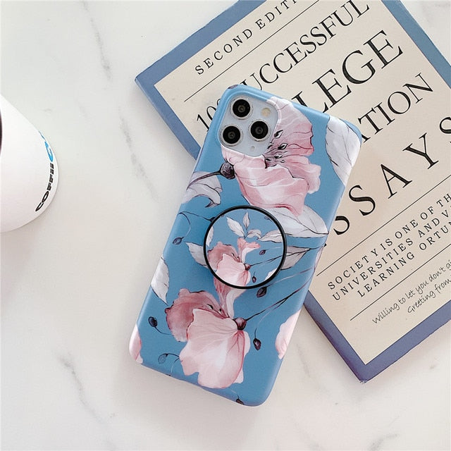 Grey & Blue Floral Slim Case Cover With Same Design Holder