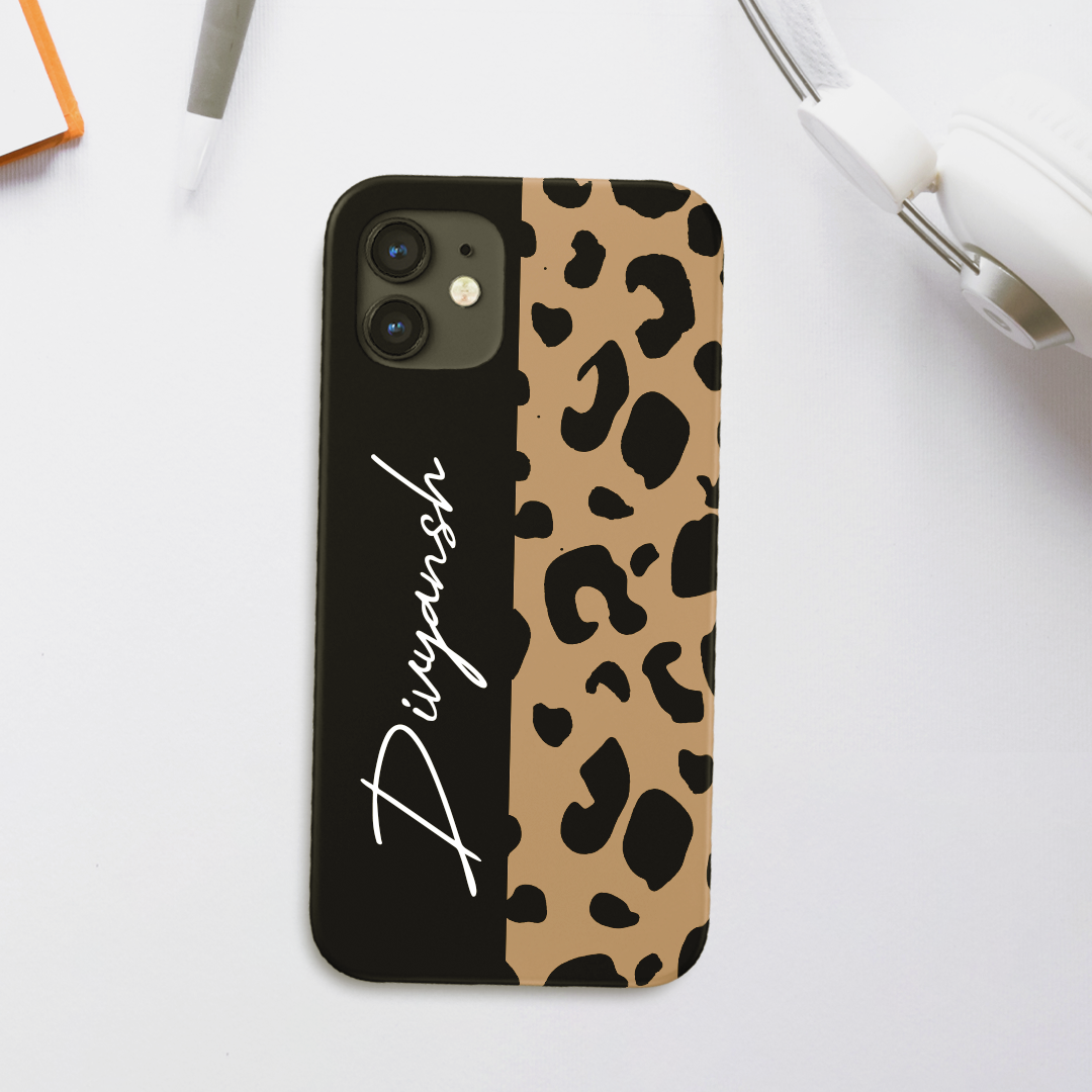 Black Chic Leopard Custom Name Slim Case Cover With Same Design Holder