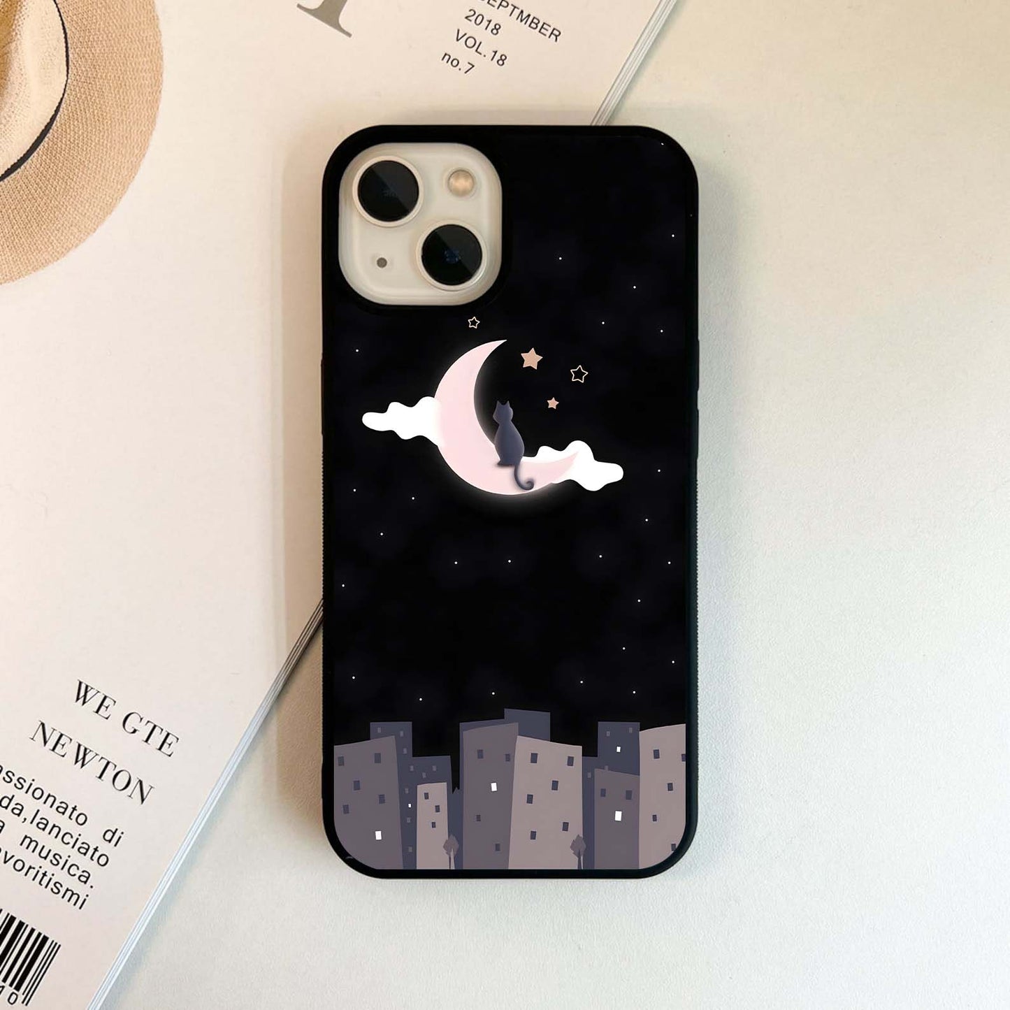 Night City Cat on Crescent Moon Glass Case