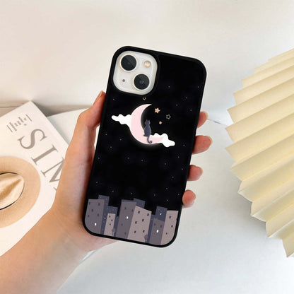 Night City Cat on Crescent Moon Glass Case