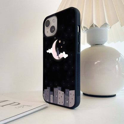 Night City Cat on Crescent Moon Glass Case