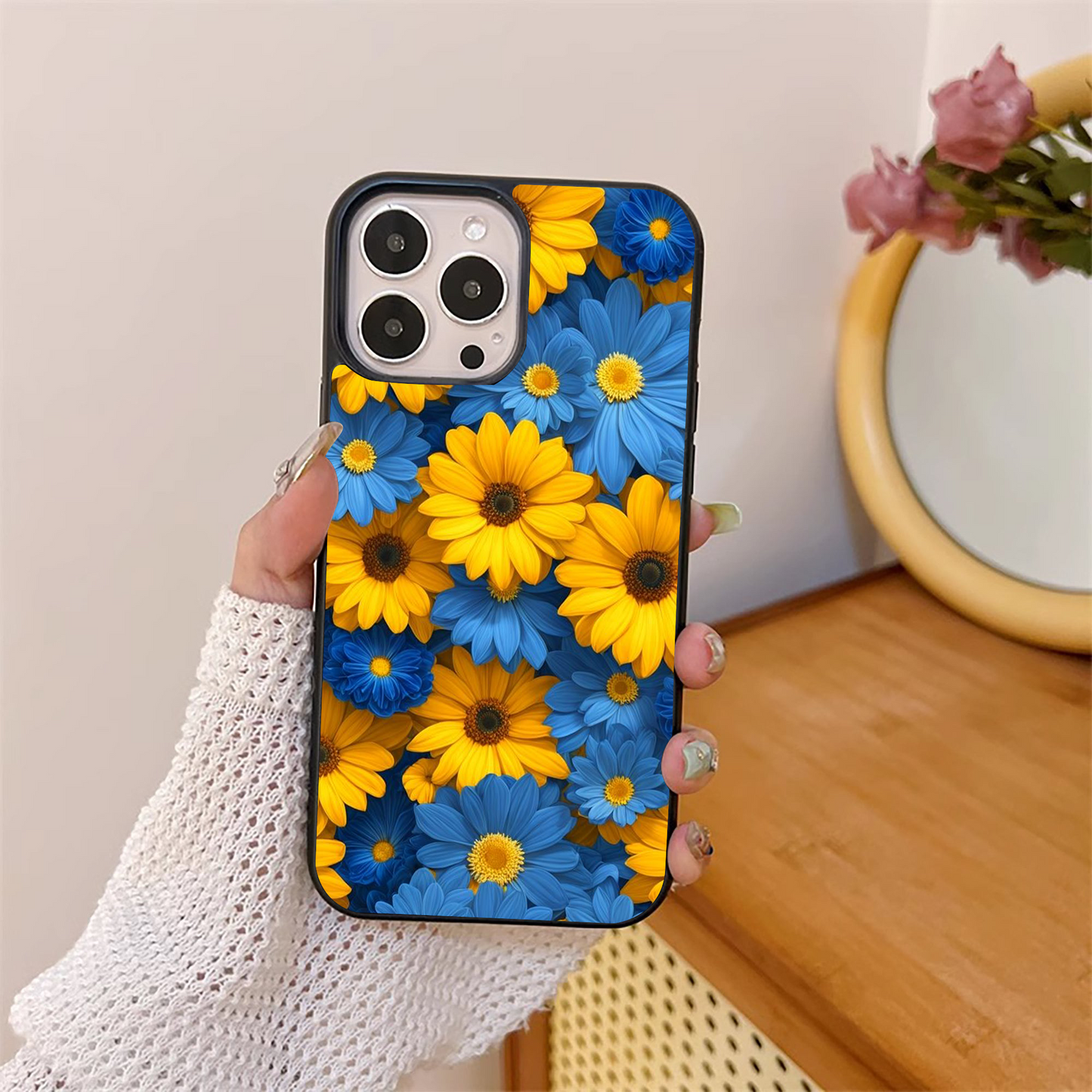 Blue And Yellow Sun Flower Glass Case