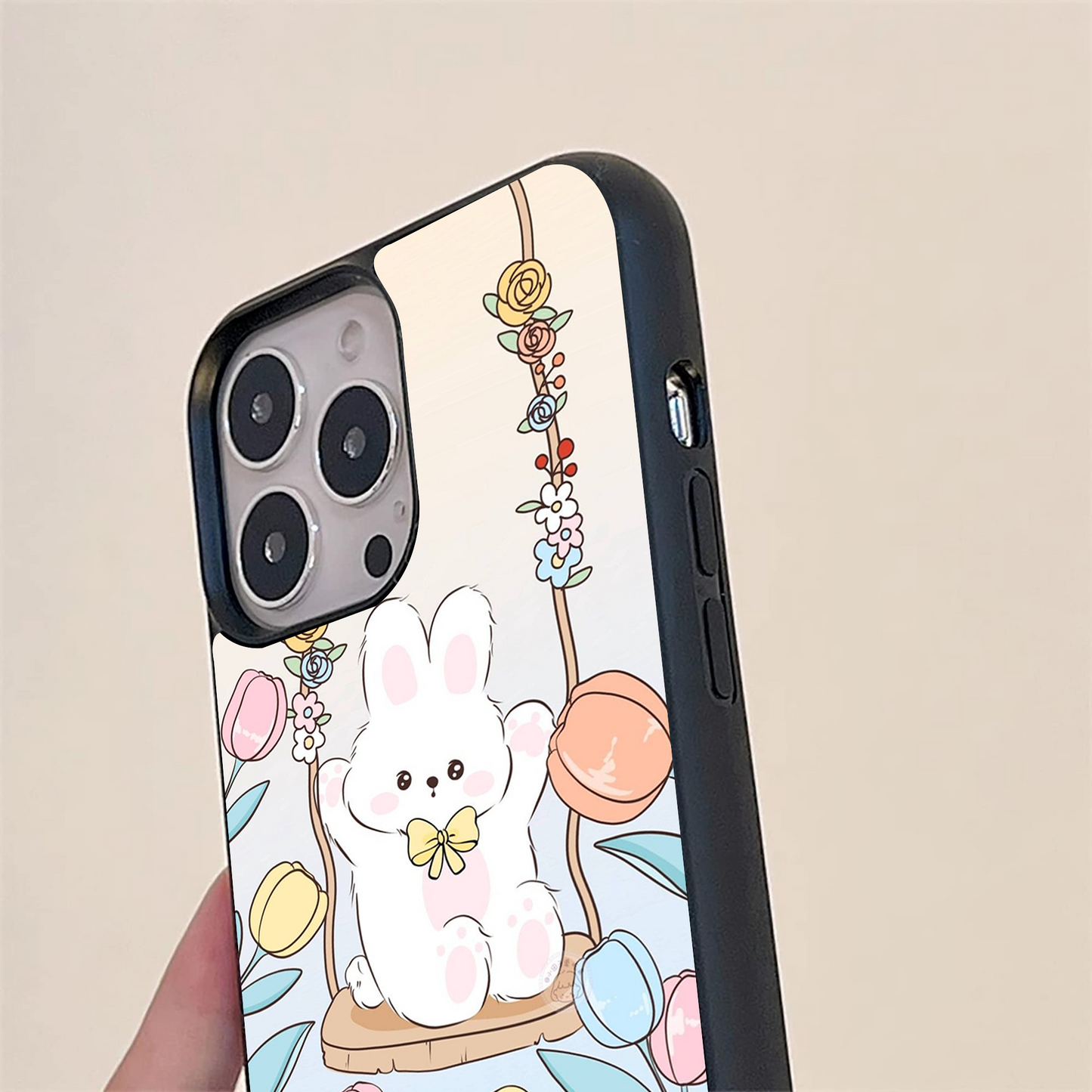 Bunny With Flower Pattern Glass Case