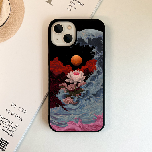 Lotus with Planet & Waves Glass Case