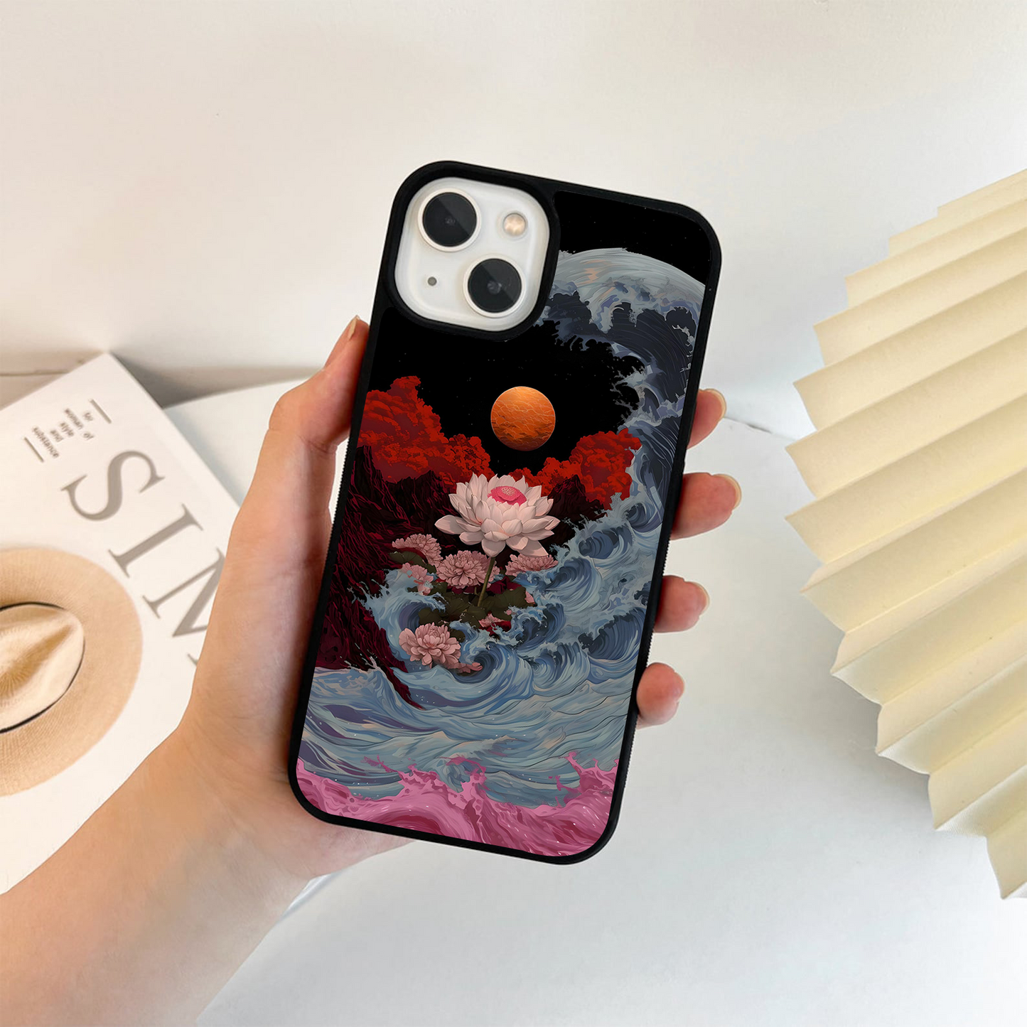 Lotus with Planet & Waves Glass Case