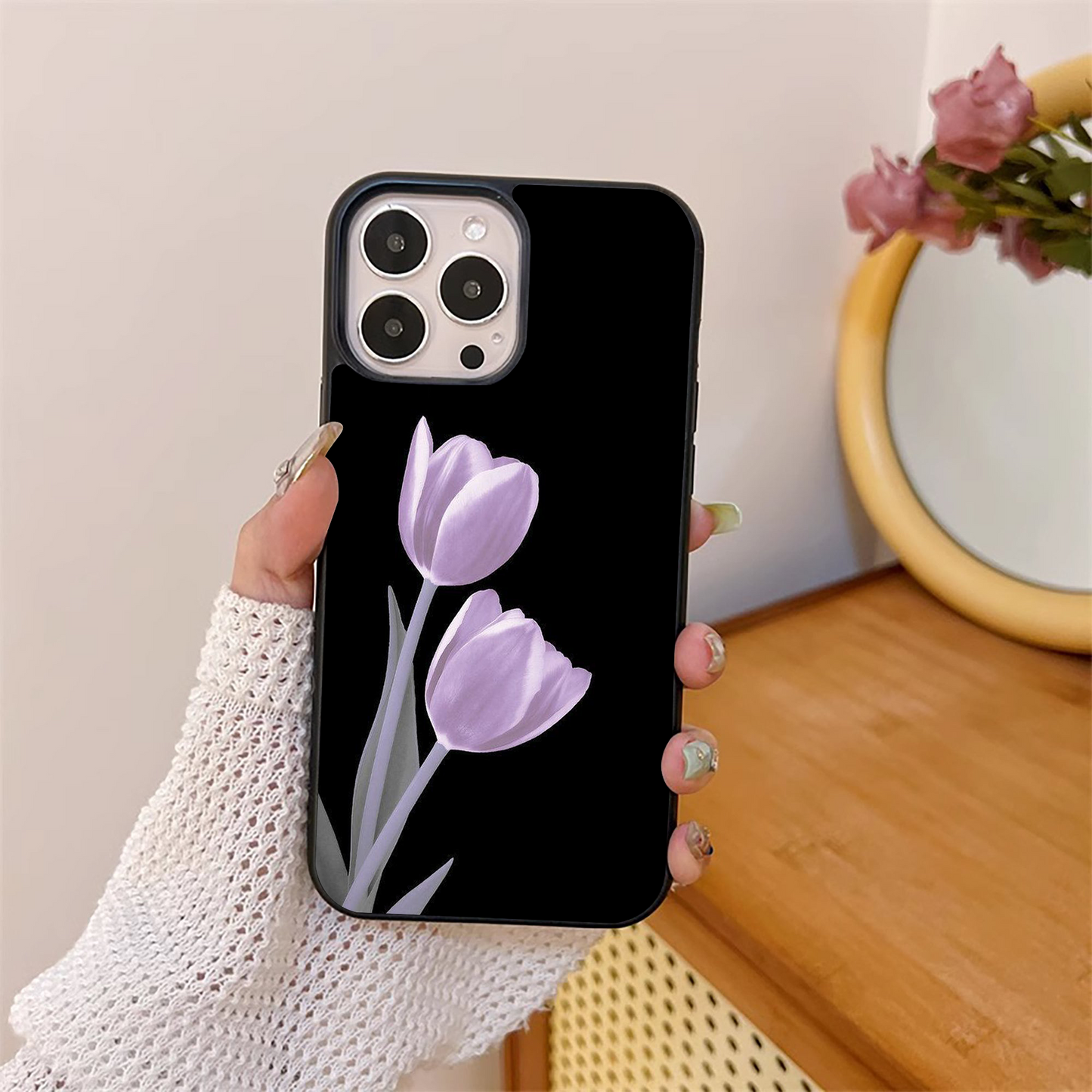 Lilac Tulip Flowers Glass Case