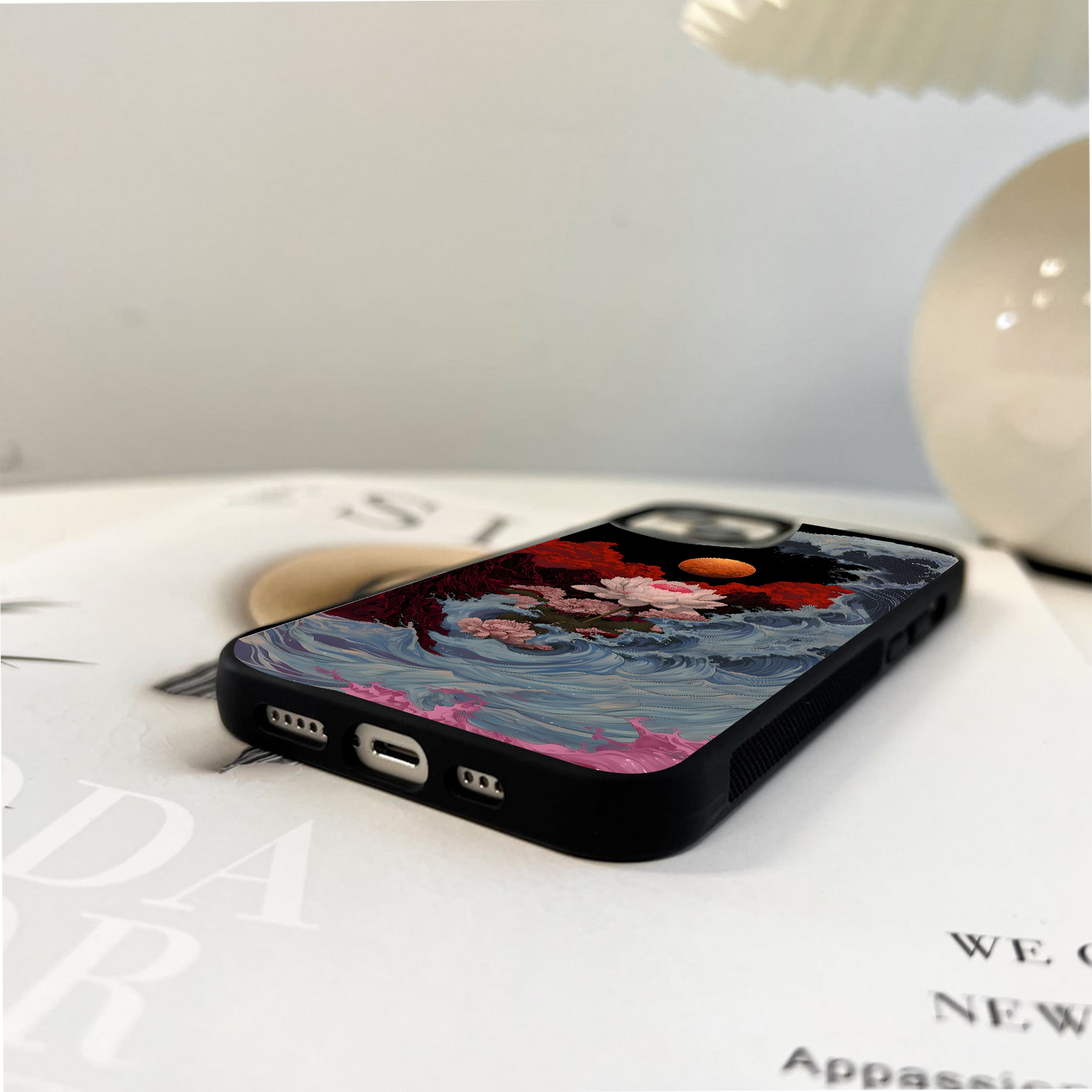 Lotus with Planet & Waves Glass Case