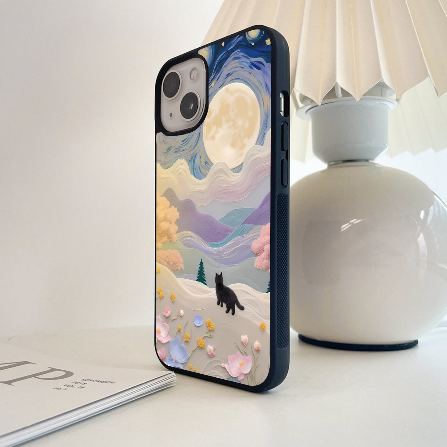 Moonlit Petal and Cat Glass Case