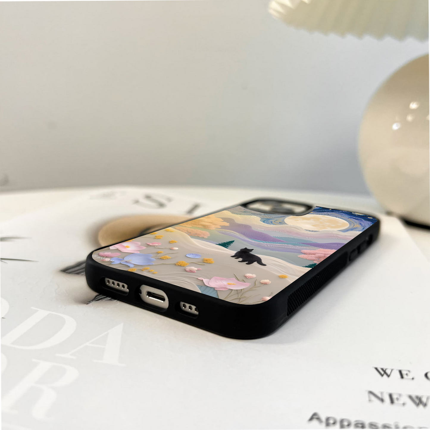 Moonlit Petal and Cat Glass Case