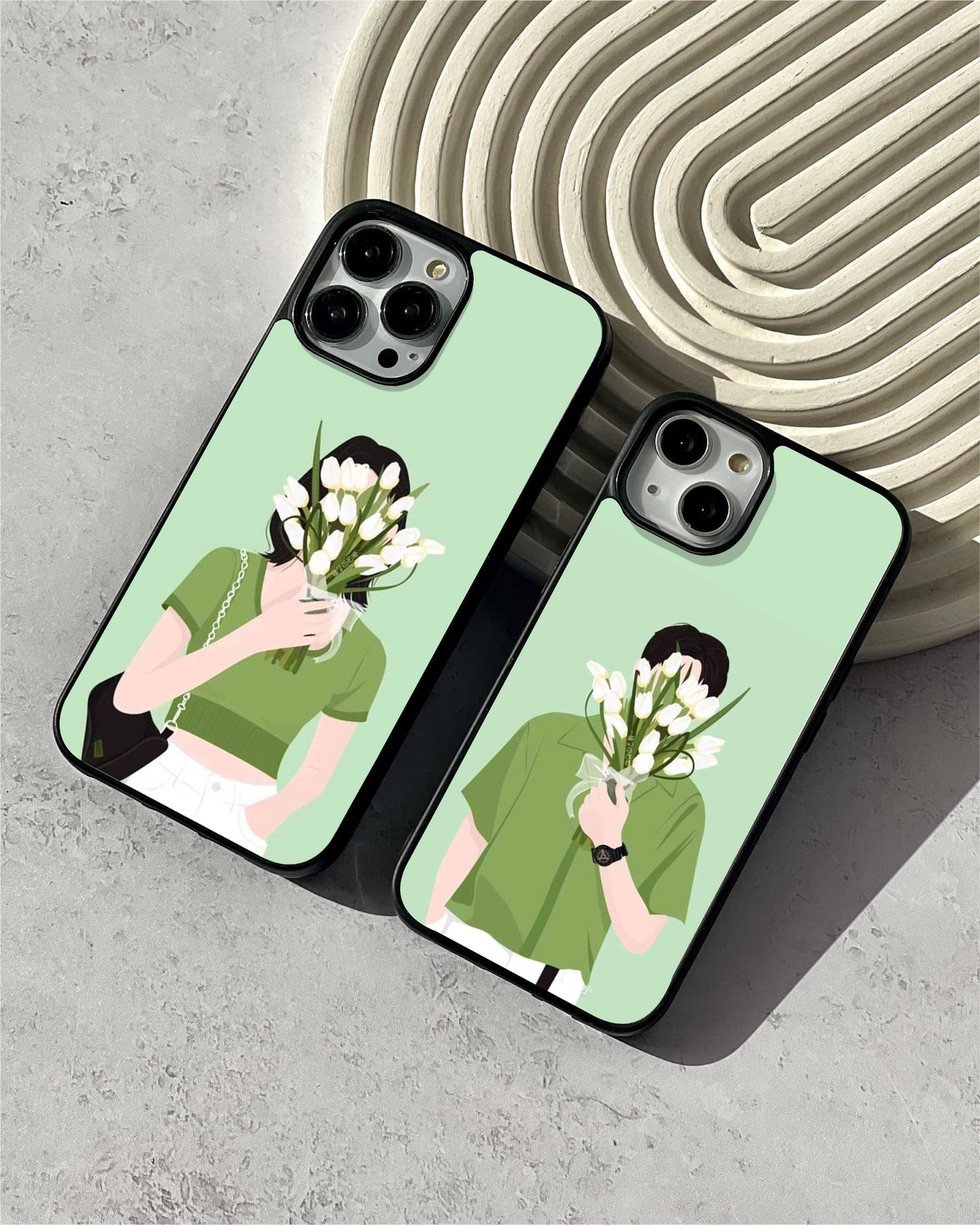 Green Couple with Flower  Glass Case ( 2 FREE Keychains )