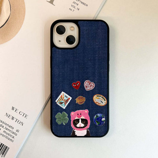 Cat Playful Denim Glass Case