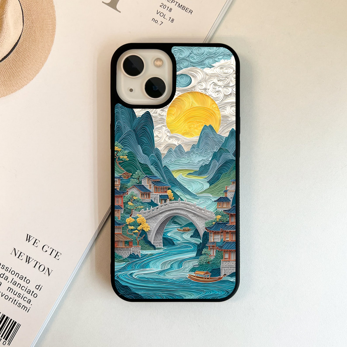 River, Bridge, and Mountains Glass Case