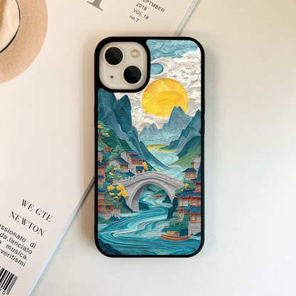 River, Bridge, and Mountains Glass Case