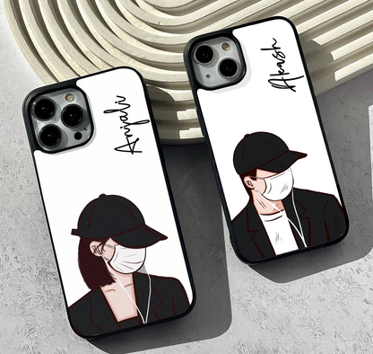 Custom Name Face Hiding Couple Glass Case ( 2 FREE Keychains )