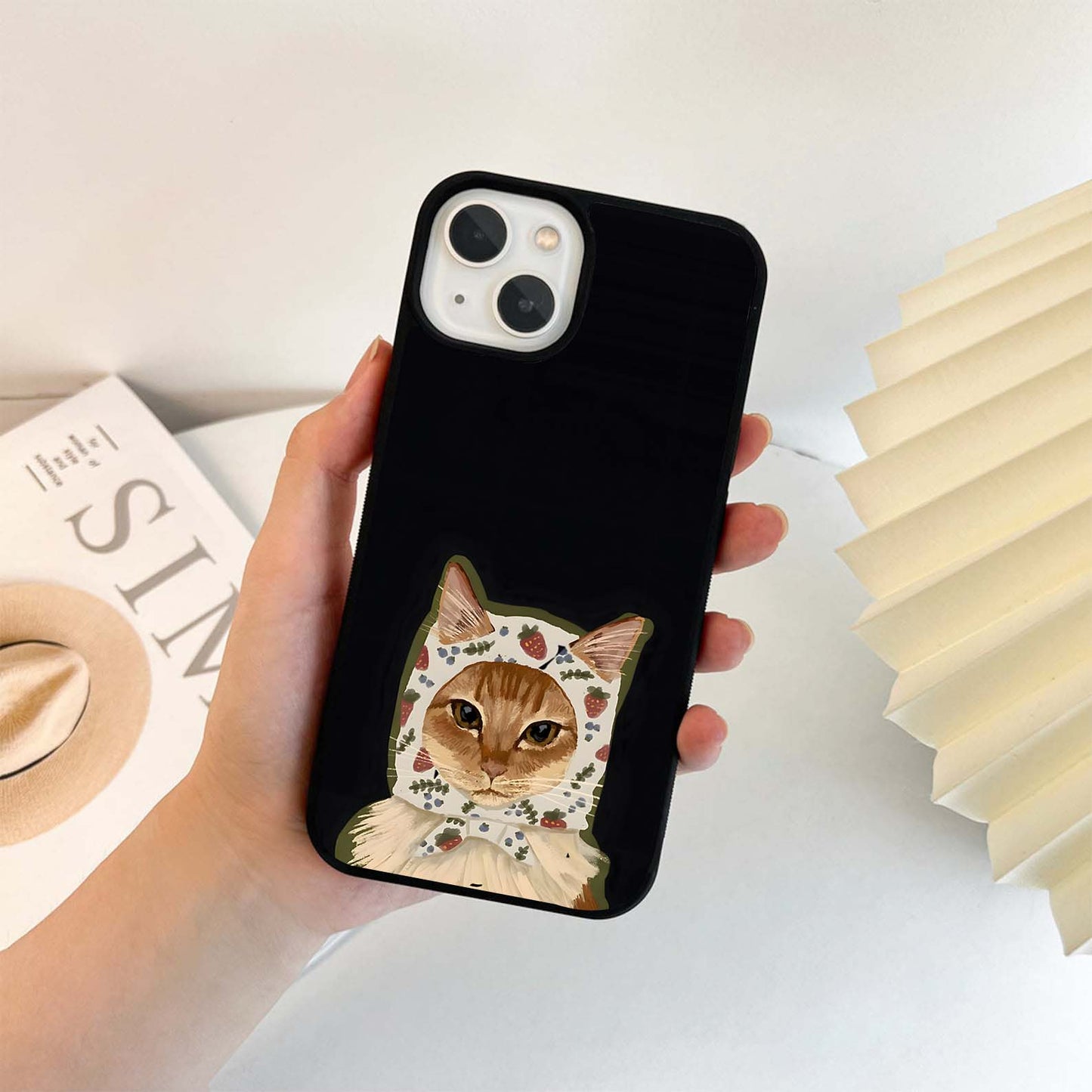 Cat in Strawberry Bonnet Glass Case