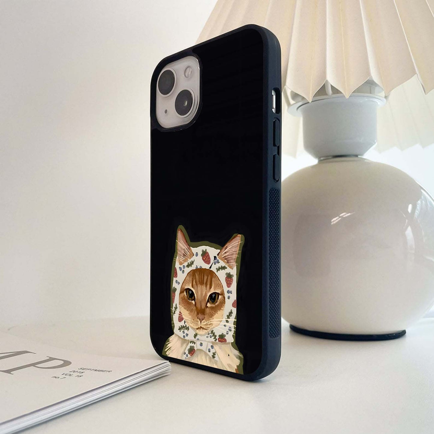 Cat in Strawberry Bonnet Glass Case