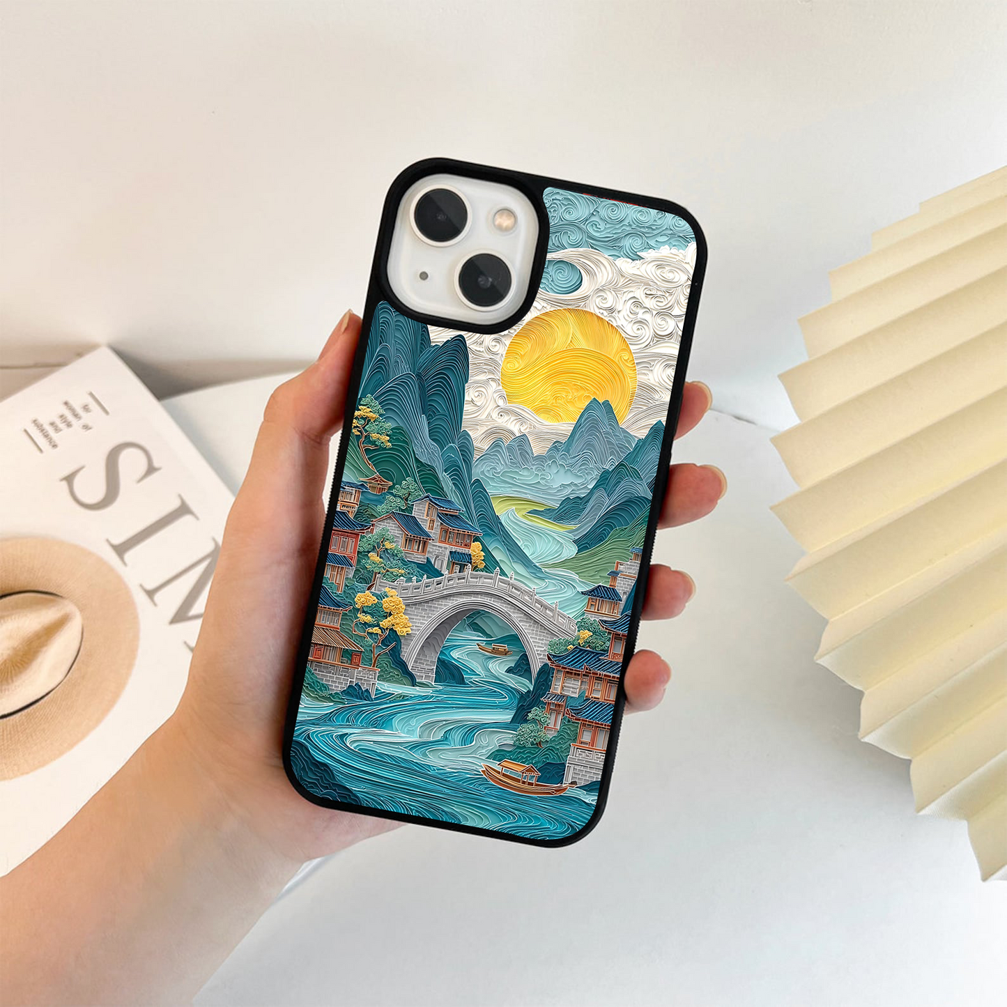 River, Bridge, and Mountains Glass Case