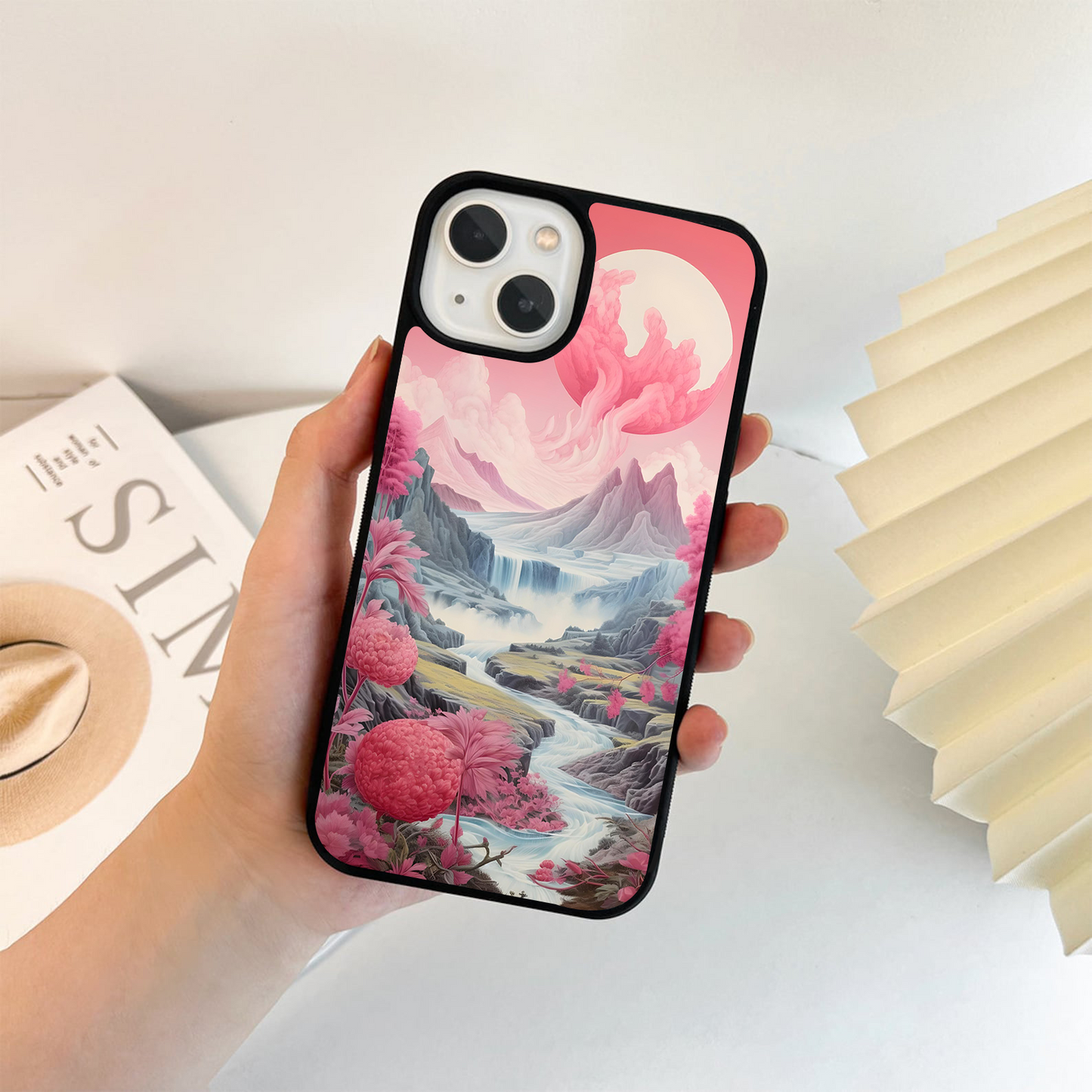 Pink Peaceful Scenery Glass Case