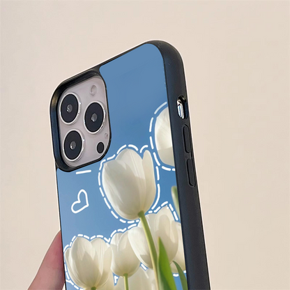 White Tulip Flower Pattern Glass Case