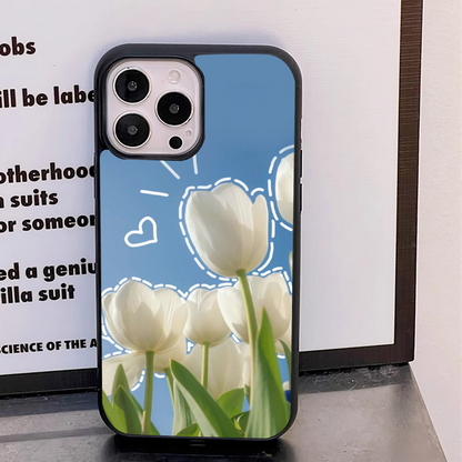 White Tulip Flower Pattern Glass Case